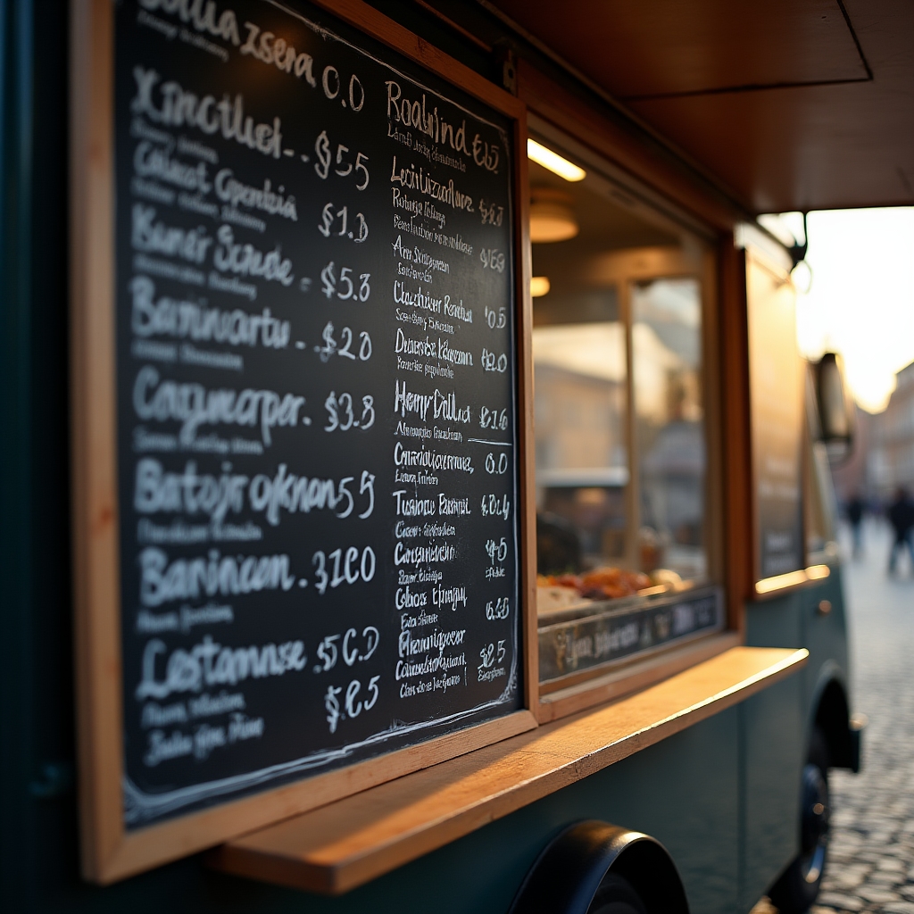 Tablica menu food trucka z wyraźną hierarchią pozycji i cenami