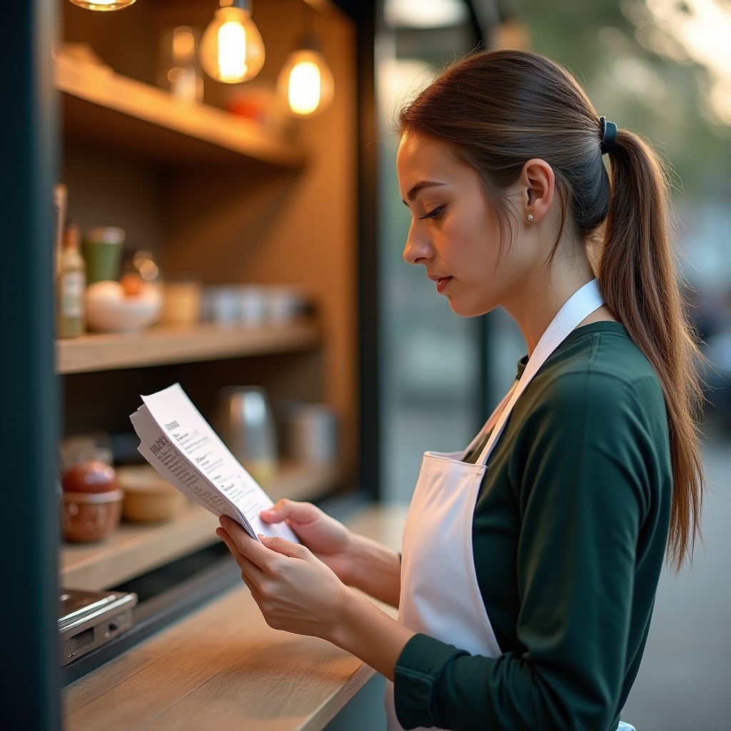 Właścicielka food trucka przegląda nową wersję karty menu przy okienku wydawczym